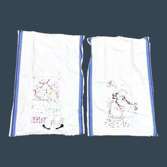 Vintage Embroidered Kitchen Towels Blue White Policeman Pie Set 2 Farmhouse READ - Picture 6 of 6